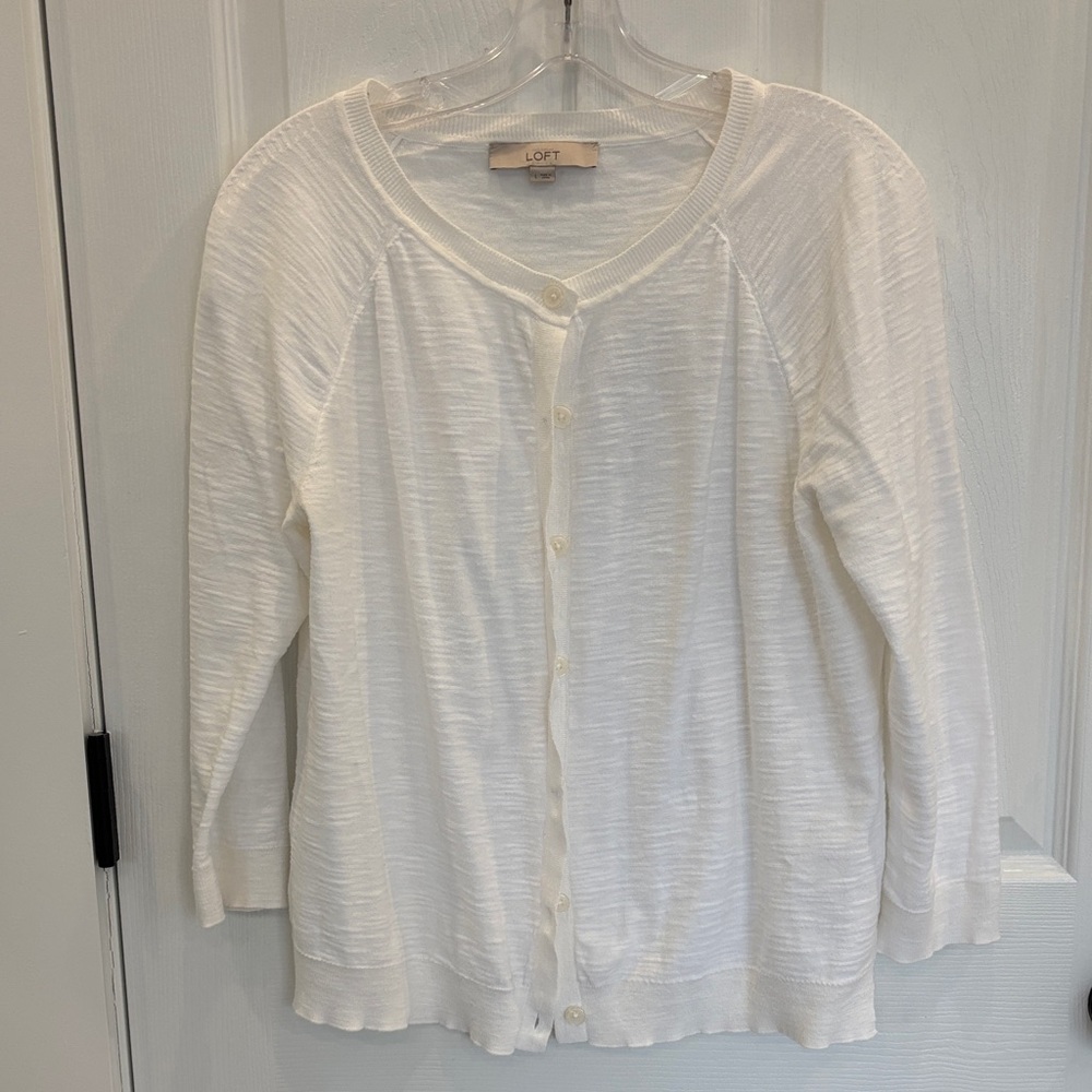 LOFT Cream Lightweight Button-Front Cardigan